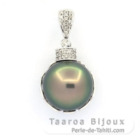 18K Solid White Gold + 35 diamonds and 1 Tahitian Pearl Round B 13.9 mm