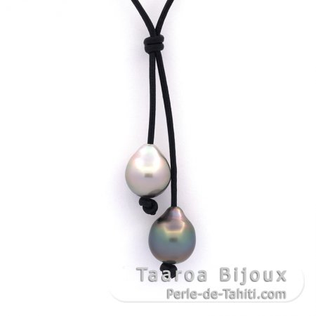 Leather Necklace and 2 Tahitian Pearls Semi-Baroque B/C from 12 and 12.4 mm