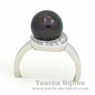 Rhodiated Sterling Silver Ring and 1 Tahitian Pearl Round B 9.3 mm