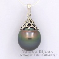 Rhodiated Sterling Silver Pendant and 1 Tahitian Pearl Semi-Baroque C 13.5 mm