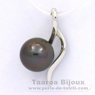 18K Solid White Gold Pendant and 1 Tahitian Pearl Round A 9 mm
