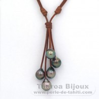 Leather Necklace and 5 Tahitian Pearls Semi-Baroque C from 10 to 10.3 mm