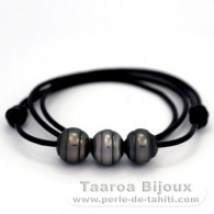 Leather Necklace and 3 Tahitian Pearls Ringed C from 13 to 13.2 mm