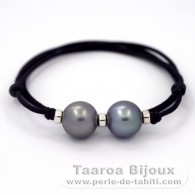 Waxed cotton Necklace and 2 Tahitian Pearls Round C 13.1 mm