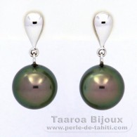 18K Solid White Gold Earrings and 2 Tahitian Pearls Round B+ 9.9 mm