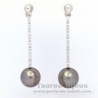 Rhodiated Sterling Silver Earrings and 2 Tahitian Pearls Round C 9 mm