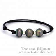 Waxed Cotton Bracelet and 3 Tahitian Pearls Ringed C from 10 to 10.3 mm