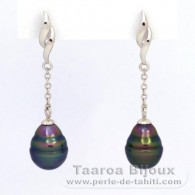 Rhodiated Sterling Silver Earrings and 2 Tahitian Pearls Ringed C 9.5 mm