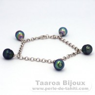 Rhodiated Sterling Silver Bracelet and 5 Tahitian Pearls Ringed B from 8.7 to 8.9 mm