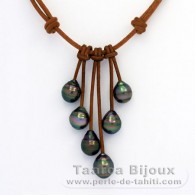 Leather Necklace and 6 Tahitian Pearls Ringed C from 9.3 to 10 mm