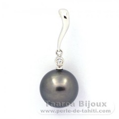 Rhodiated Sterling Silver Pendant and 1 Tahitian Pearl Round C 11.8 mm