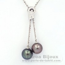 Rhodiated Sterling Silver Necklace and 2 Tahitian Pearls Round C 11.6 and 11.7 mm