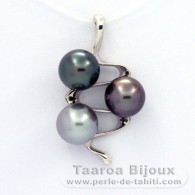 Rhodiated Sterling Silver Pendant and 3 Tahitian Pearls Round C  9.5 to 9.7 mm