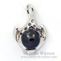 Rhodiated Sterling Silver Pendant and 1 Tahitian Pearl Near-Round C 13 mm