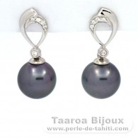 Rhodiated Sterling Silver Earrings and 2 Tahitian Pearls Round C 9.2 and 9.3 mm