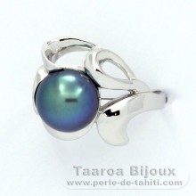 Rhodiated Sterling Silver Ring and 1 Tahitian Pearl Round C+ 9.3 mm