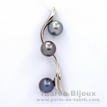 Rhodiated Sterling Silver Pendant and 3 Tahitian Pearls Round C 9 mm