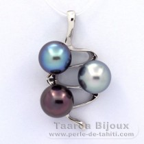 Rhodiated Sterling Silver Pendant and 3 Tahitian Pearls Semi-Baroque C+  9.5 to 9.8 mm