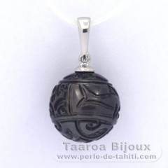 Rhodiated Sterling Silver Pendant and 1 Engraved Tahitian Pearl 12.5 mm