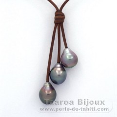 Leather Necklace and 3 Tahitian Pearls Semi-Baroque B  10.1 to 10.3 mm