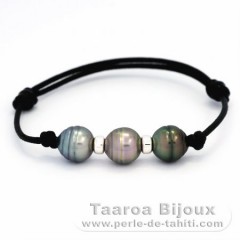 Leather Bracelet and 3 Tahitian Pearls Ringed C 9.7 mm