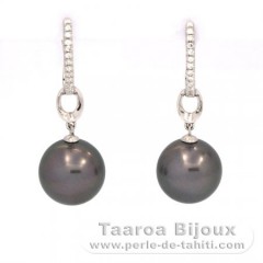Rhodiated Sterling Silver Earrings and 2 Tahitian Pearls Round C 11.1 and 11.2 mm