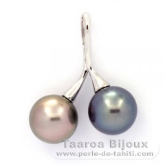 Rhodiated Sterling Silver Pendant and 2 Tahitian Pearls Round C 10.2 and 10.4 mm