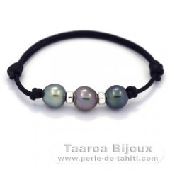 Waxed Cotton Bracelet and 3 Tahitian Pearls Semi-Baroque C  9.2 to 9.3 mm