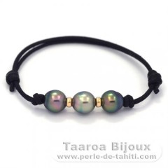 Waxed Cotton Bracelet and 3 Tahitian Pearls Semi-Baroque B 8.8 mm