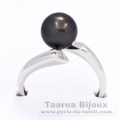 Rhodiated Sterling Silver Ring and 1 Tahitian Pearl Round B 8.3 mm