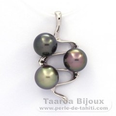 Rhodiated Sterling Silver Pendant and 3 Tahitian Pearls Near-Round C 9 mm
