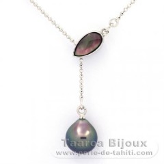 Rhodiated Sterling Silver Necklace and 1 Tahitian Pearl Semi-Baroque A 9.1 mm