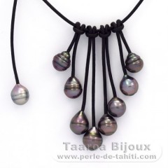Leather Necklace and 9 Tahitian Pearls Ringed B  9 to 9.9 mm