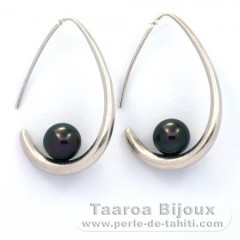 Rhodiated Sterling Silver Earrings and 2 Tahitian Pearls Round C 8 mm