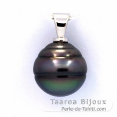 Rhodiated Sterling Silver Pendant and 1 Tahitian Pearl Ringed B/C 13 mm