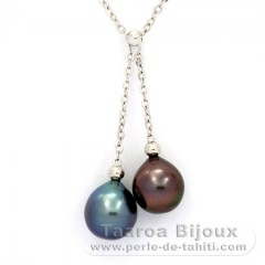 Rhodiated Sterling Silver Necklace and 2 Tahitian Pearls Semi-Baroque C+ 9.6 mm