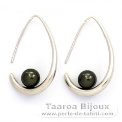 Rhodiated Sterling Silver Earrings and 2 Tahitian Pearls Round C 8 mm