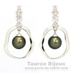 Rhodiated Sterling Silver Earrings and 2 Tahitian Pearls Round C 8.2 mm