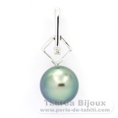 14K Solid White Gold + 1 diamond 0.01 carat VS1 and 1 Tahitian Pearl Round B 9.2 mm