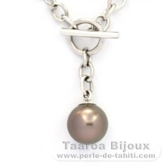 Rhodiated Sterling Silver Bracelet and 1 Tahitian Pearl Round C 10.7 mm