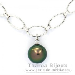 Rhodiated Sterling Silver Bracelet and 1 Tahitian Pearl Round C 10.4 mm