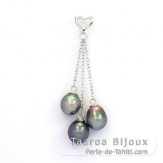 Rhodiated Sterling Silver Pendant and 3 Tahitian Pearls Ringed B 8.4  8.8 mm