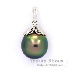 Rhodiated Sterling Silver Pendant and 1 Tahitian Pearl Semi-Baroque C 12.2 mm