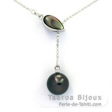 Rhodiated Sterling Silver Necklace and 1 Tahitian Pearl Round B 9.1 mm