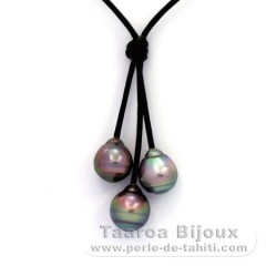 Leather Necklace and 3 Tahitian Pearls Ringed B 10 to 10.2 mm