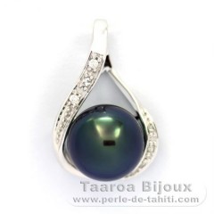 14K Solid White Gold + 6 diamonds 0.04 carats VS1 and 1 Tahitian Pearl Round B+ 9.3 mm