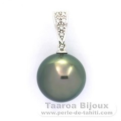 14K solid White Gold Pendant + 6 diamonds and 1 Tahitian Pearl Round B 11.8 mm