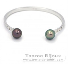 Rhodiated Sterling Silver Bracelet and 2 Tahitian Pearls Round C 10 mm