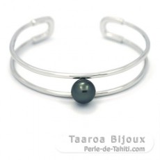 Rhodiated Sterling Silver Bracelet and 1 Tahitian Pearl Round B 9.5 mm