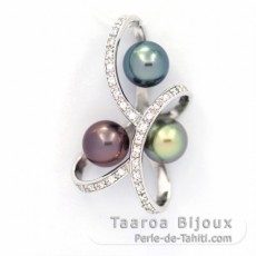 Rhodiated Sterling Silver Pendant and 3 Tahitian Pearls Round C 8.1 mm